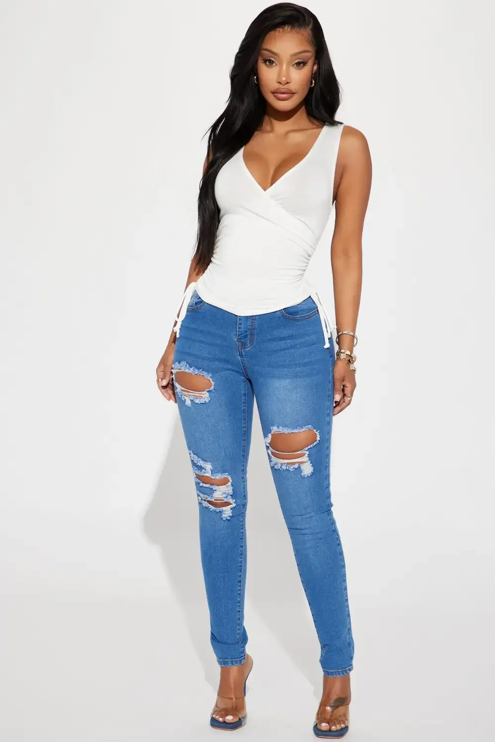 Molly Mid Rise Ripped Stretch Skinny Jeans - Medium Wash
