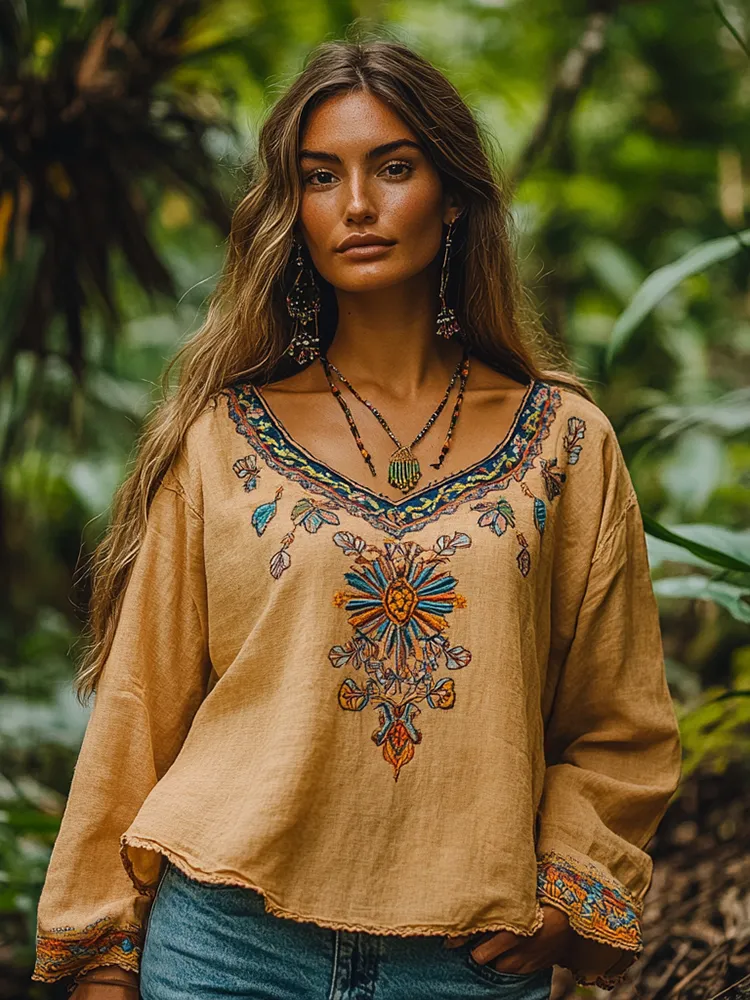 Retro Floral Tribal Embroidery Art Cotton And Linen Blend Loose Blouse