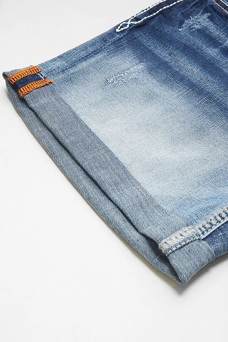 Ripped Roll Hem Low Waist Denim Mid Thigh Shorts