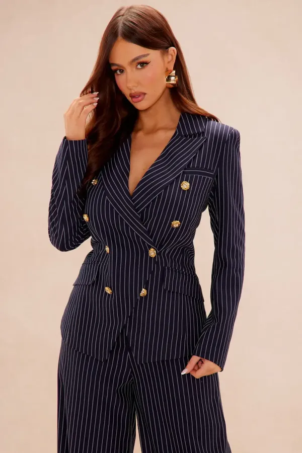 Let's Talk Business Pinstripe Blazer Suit Set - Navy/combo