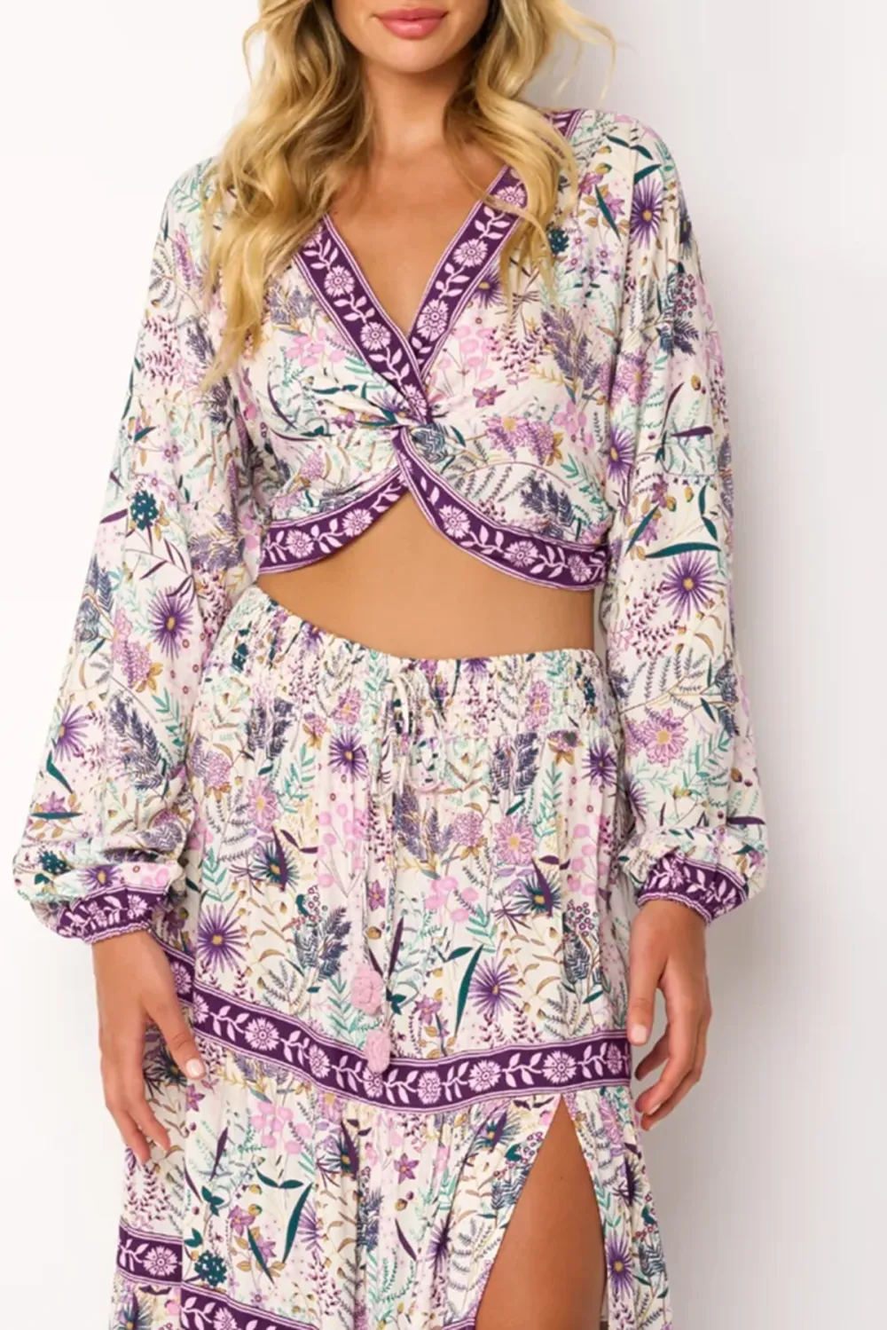 Purple And White Floral Print Split Maxi Skirt