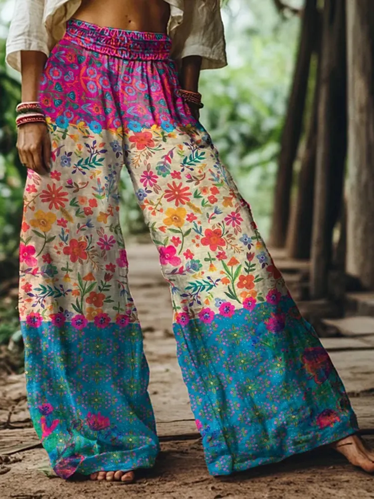 Vintage Bohemia Floral Pattern Women's Linen Blend Casual Pants