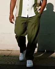 Big & Tall Men's Business Colorblock Striped Print Short Sleeve Shirt and Pants Suit