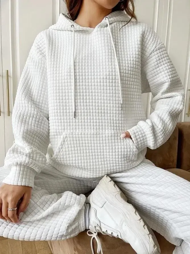 New Waffle Round Neck Long Sleeve Sweatshirt Solid Color Tops for Women