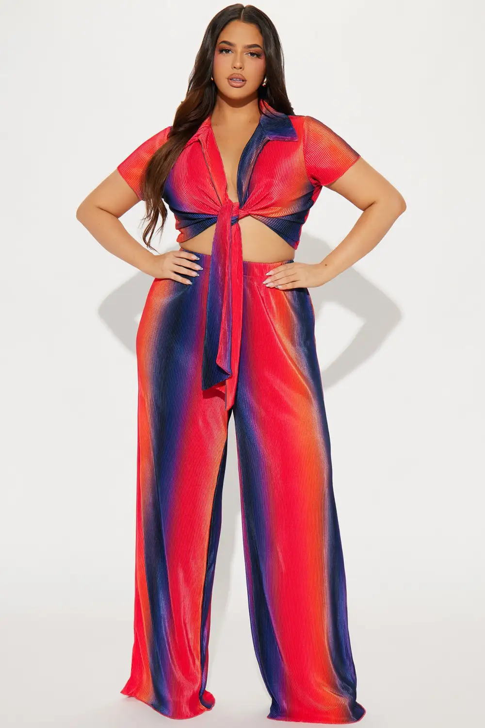 One Flight Away Plisse Pant Set - Orange/combo