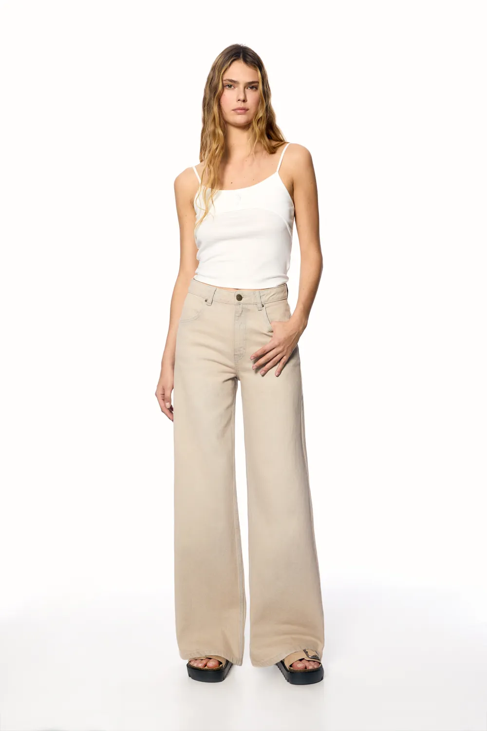 Jeans wide leg tiro alto