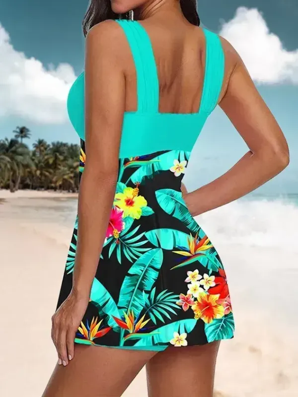 Floral V Neck Vacation Printing Swim Dress