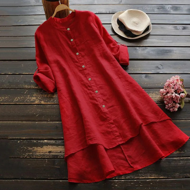 Vintage Button Cotton Linen Midi Dress