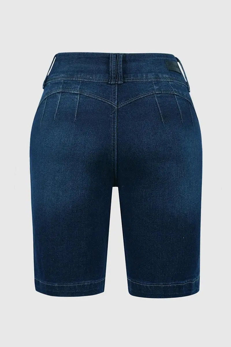 Wash Button Detail High Waist Bermuda Denim Shorts