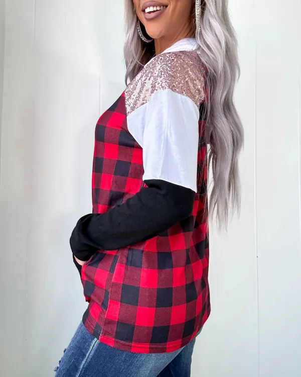 Red Plaid Sequin Hoodie