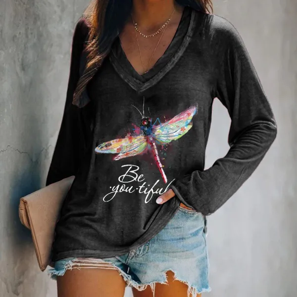 Oil Painting Dragonfly Printed T-shirt