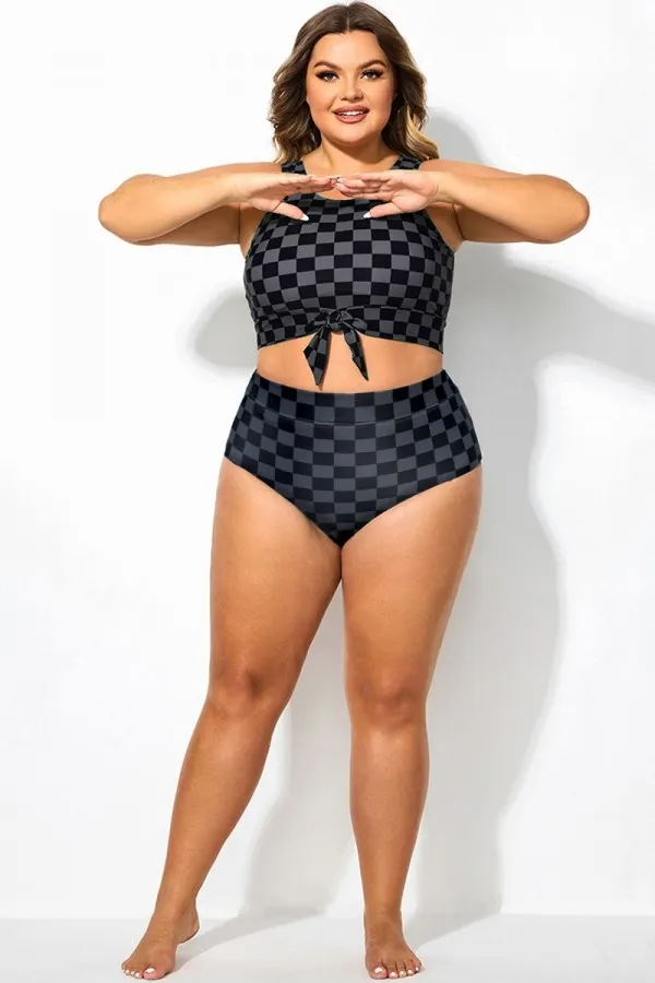 Black Check Elegant High Waist Swim Brief