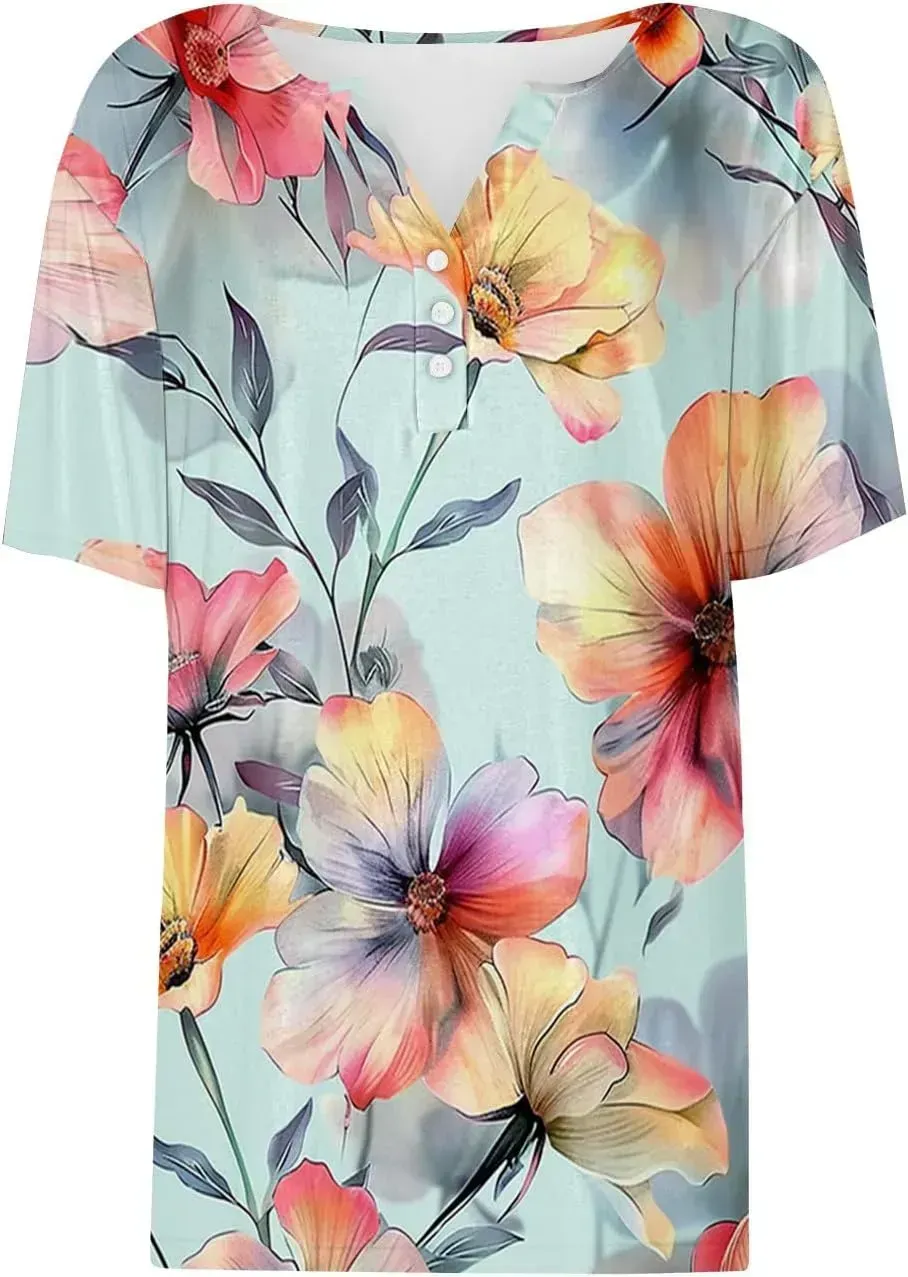Shirts for Women Casual Printed Summer Tops Short-Sleeved Button V-Neck Tops Blouse Fashion Boho T-Shirts