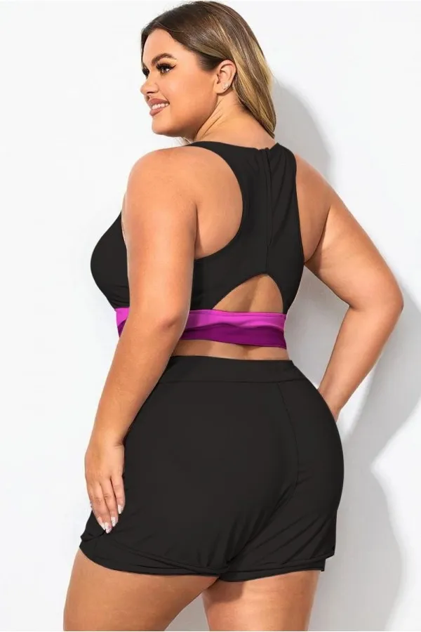 Plus Size Round Neck Colorblock Patchwork Bikini Top