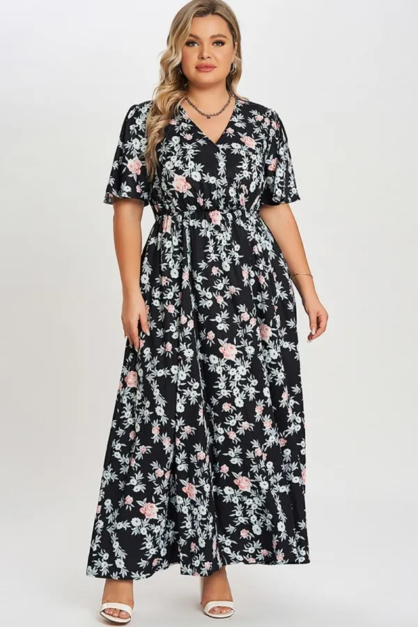 Multicolor Floral Flutter Sleeve Pocket Split Maxi Dress