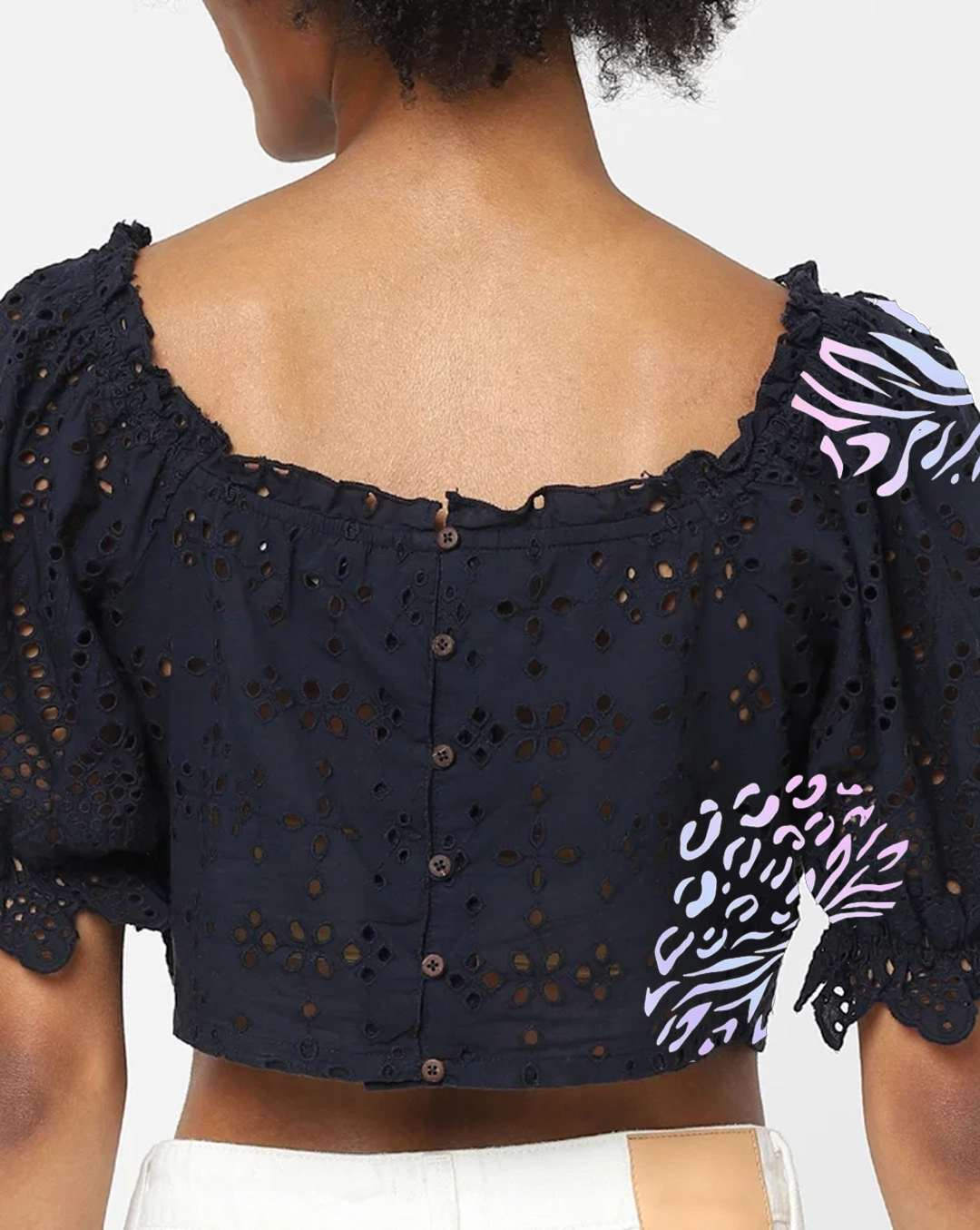 Navy Blue Zebra Print Eyelet Short Sleeve Cropped Top