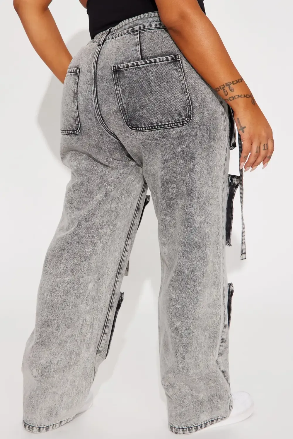 Somehow Somewhere Non Stretch Cargo Straight Leg Jeans - Acid Wash Grey