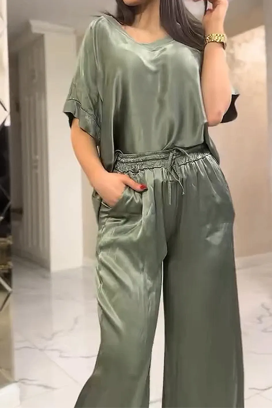 Women'S Contrast Color Stitching Smooth Top And Pants 2-Piece Set