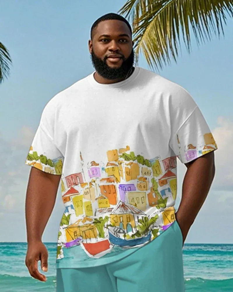 Big & Tall Men's Color Graffiti House Printed T-Shirt and Shorts Suit