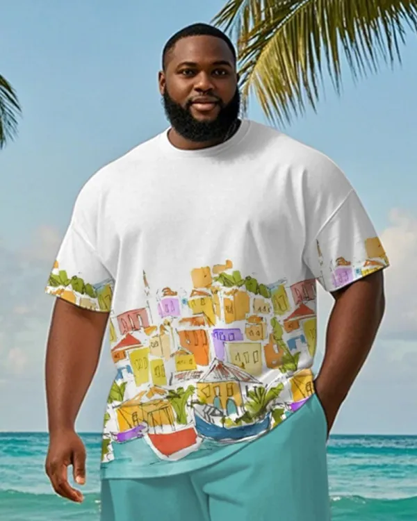 Big & Tall Men's Color Graffiti House Printed T-Shirt and Shorts Suit