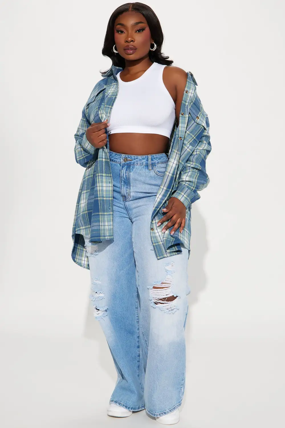 Pretty in Plaid Oversized Flannel Top - Blue/combo