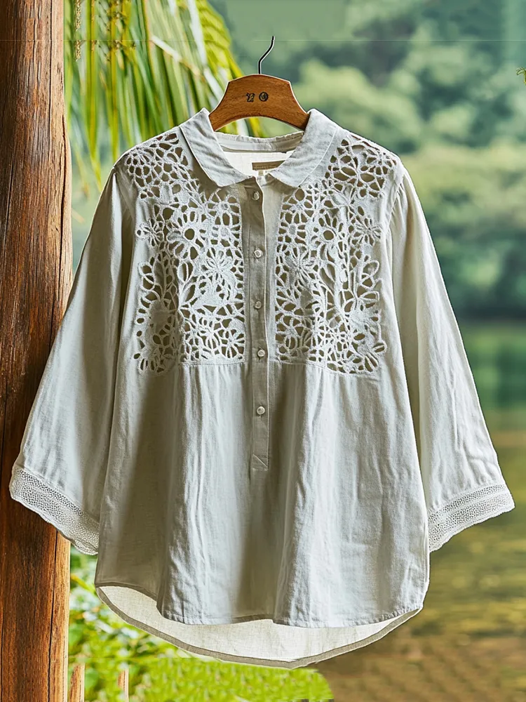 Women's Lace Cut-out Floral Design Lapel Linen Shirt