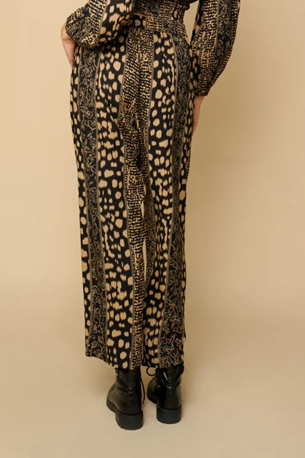 Brown And Black Geometric Print Crop Top And Pants Set