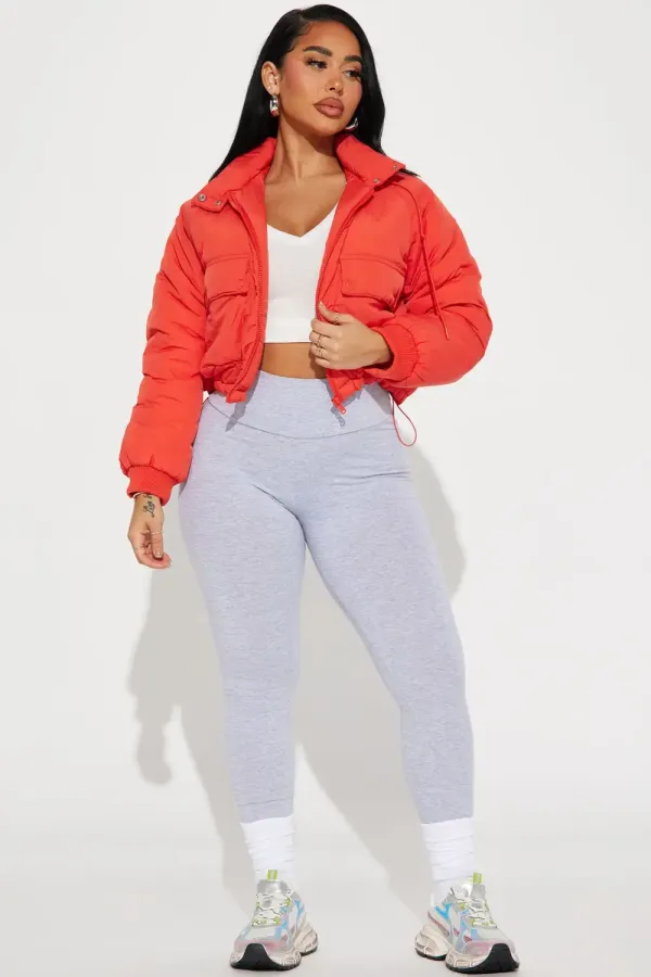 Giving You The Cold Shoulder Puffer Jacket - Red