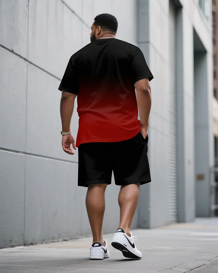 Men'S Plus Size Casual Black & Red Chest Gradient Fashion Round Neck Short Sleeve T-Shirt Shorts Suit