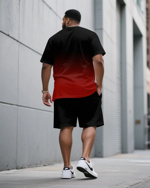 Men'S Plus Size Casual Black & Red Chest Gradient Fashion Round Neck Short Sleeve T-Shirt Shorts Suit