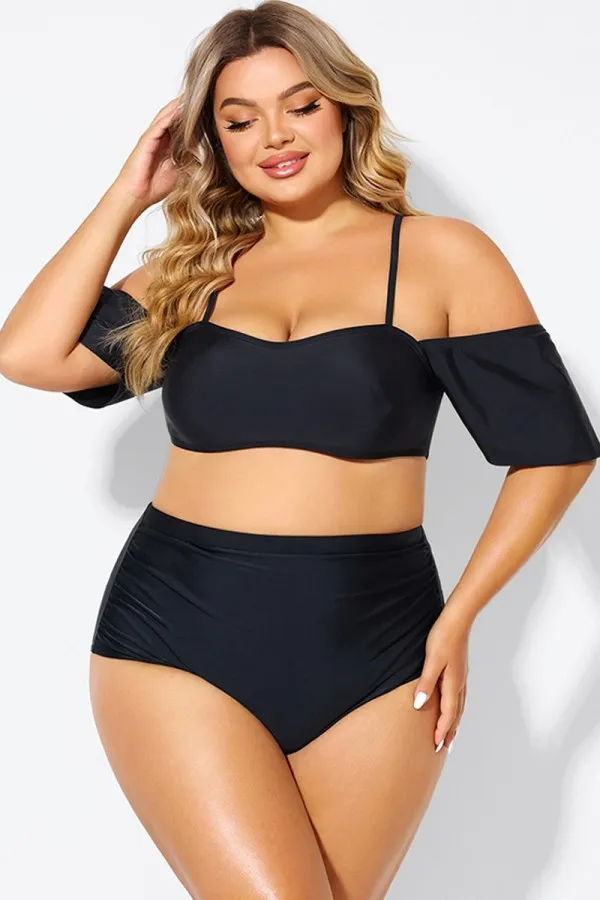 Black Lace Up Off the Shoulder Ruffle Bikini Top