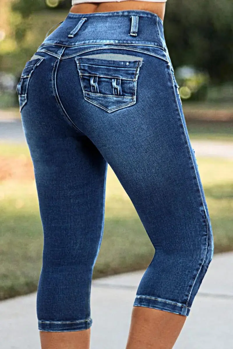 Button Fly Ripped Wash Stretchy High Waist Capri Jeans