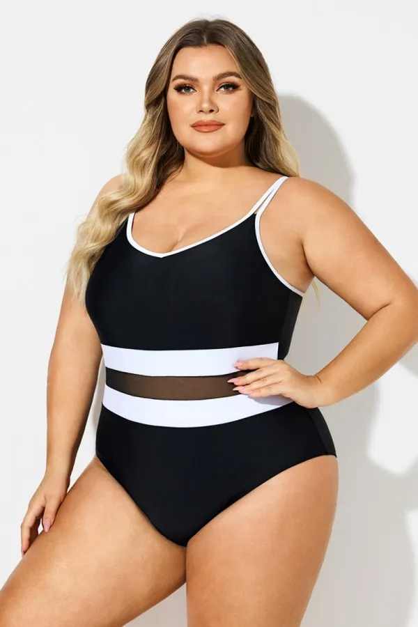 Plus Size Black & White Mesh One Piece Swimsuit