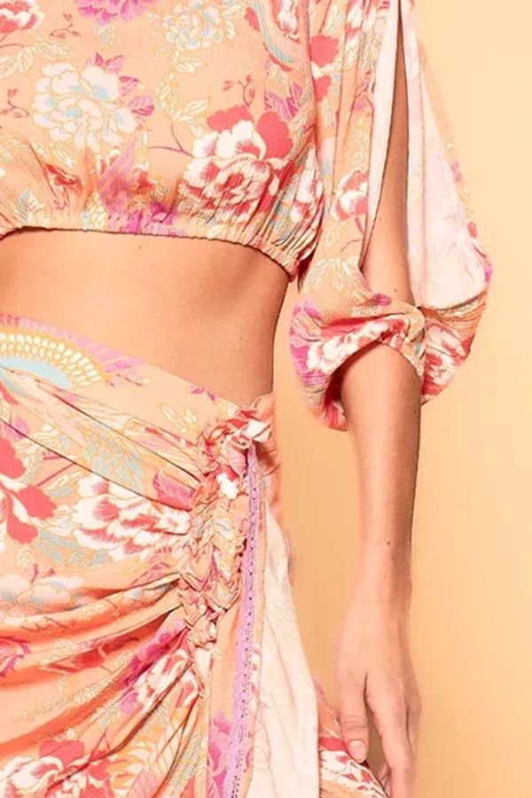 Pink Floral Print Asymmetrical Midi Skirt