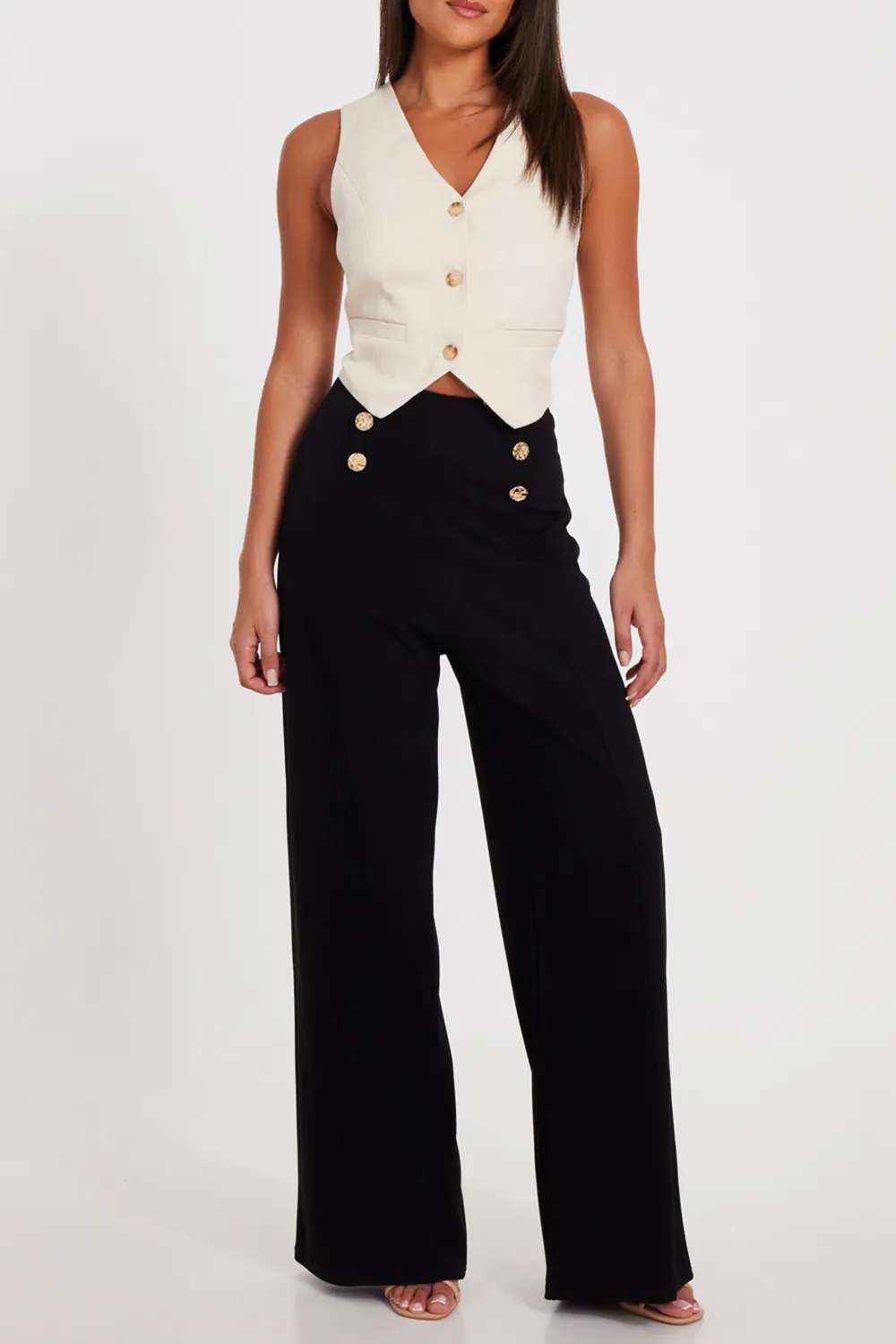 High-Rise Button-Detail Wide-Leg Women's Flared Trousers
