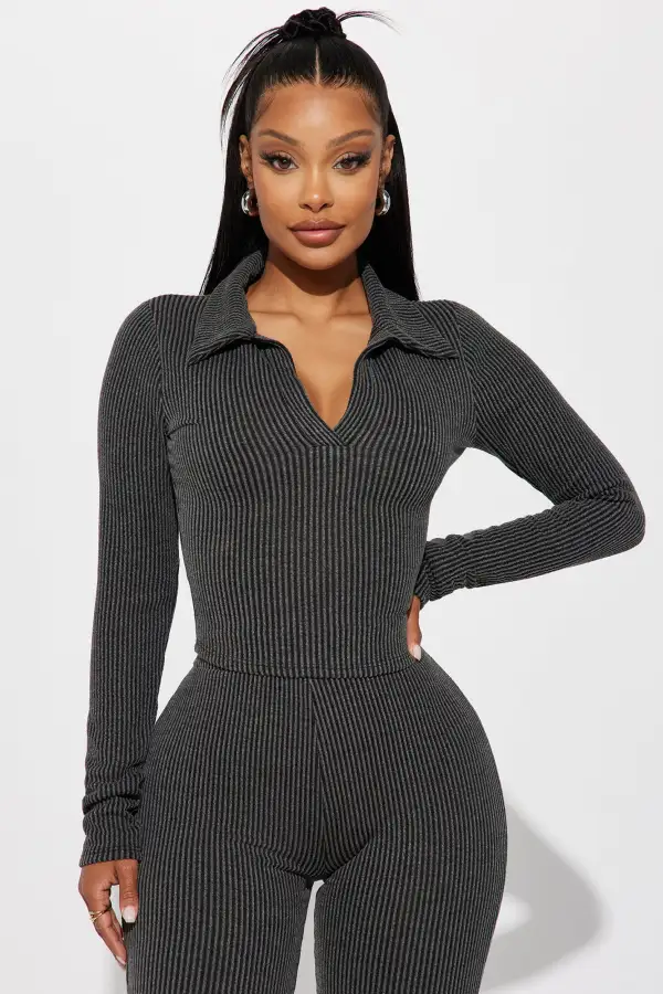 Josie Ribbed Long Sleeve Set - Charcoal