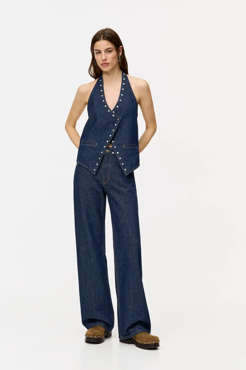 Studded crossover denim vest