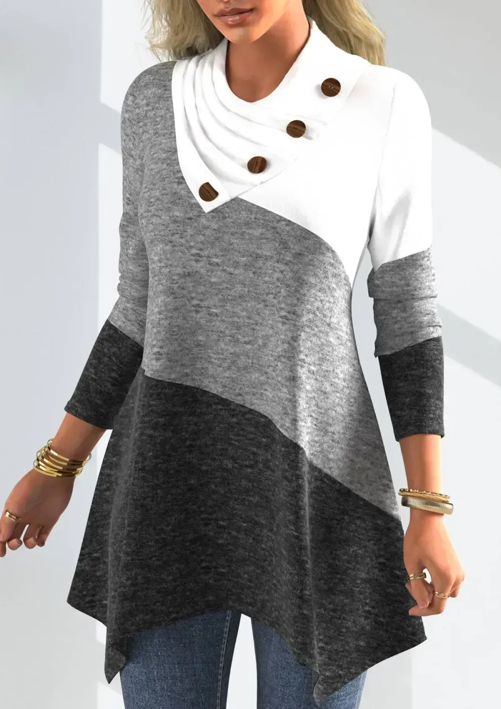 Decorative Button Patchwork Long Sleeve Asymmetrical Neck Sweatshirt