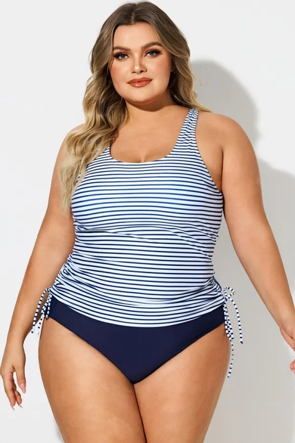 Plus Size Stripe Built-In Bra Racerback Tankini Top