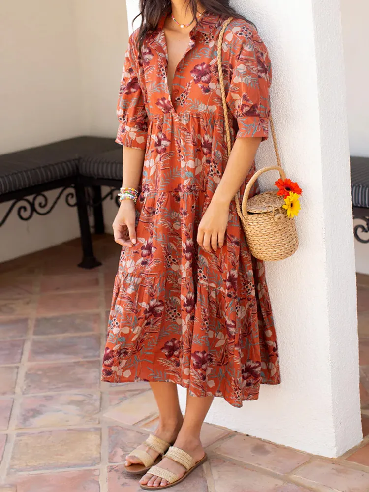 Women's Casual Floral Print Cotton And Linen Dress