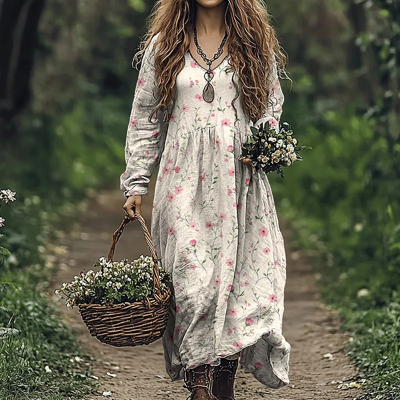 Vintage Wildflowers Floral Art Linen Blend Maxi Dress
