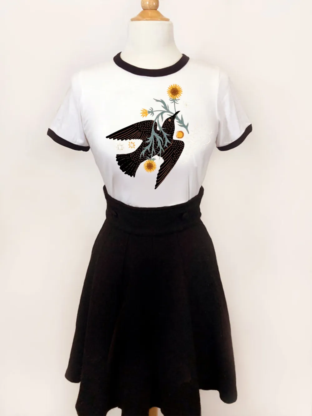 Crow And Sunflower Relaxed Ringer Tee In Black Edge