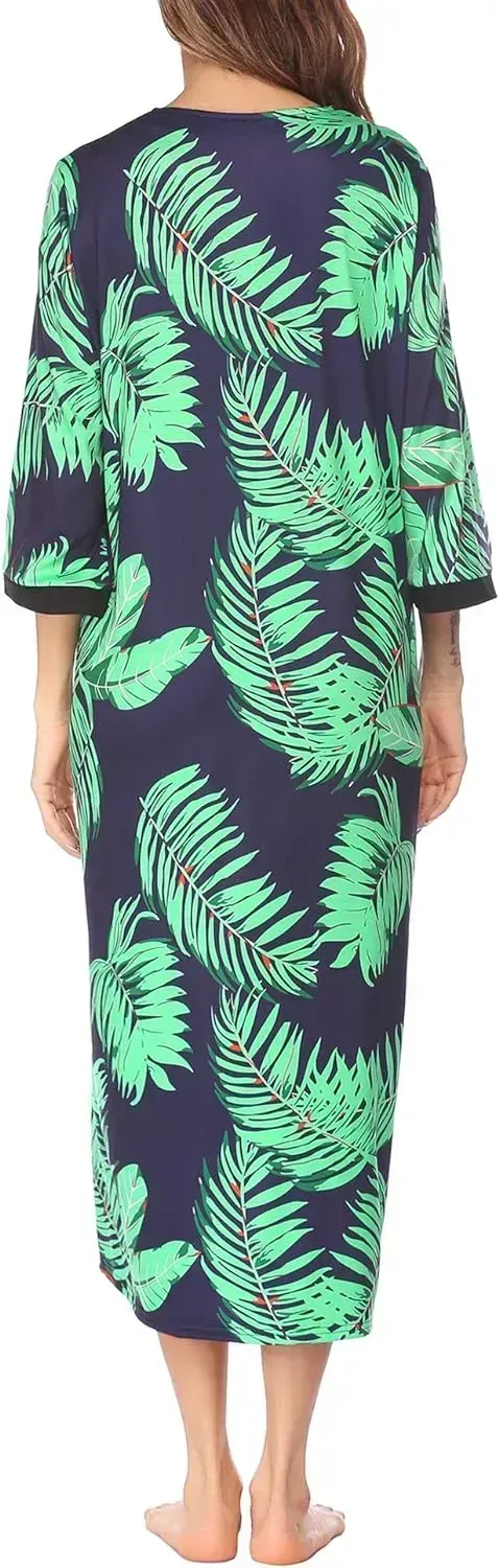 Women Zipper Robe 3/4 Sleeves Loungewear Dress Full Length Sleepwear Pockets Housecoat Nightgown Long Bathrobe