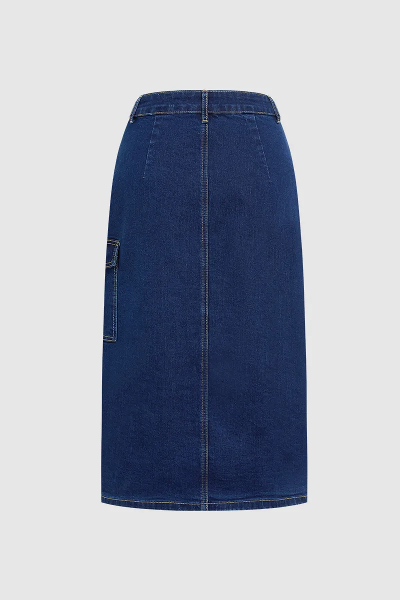 Button Fly Split Mid Waist Midi Denim Skirt