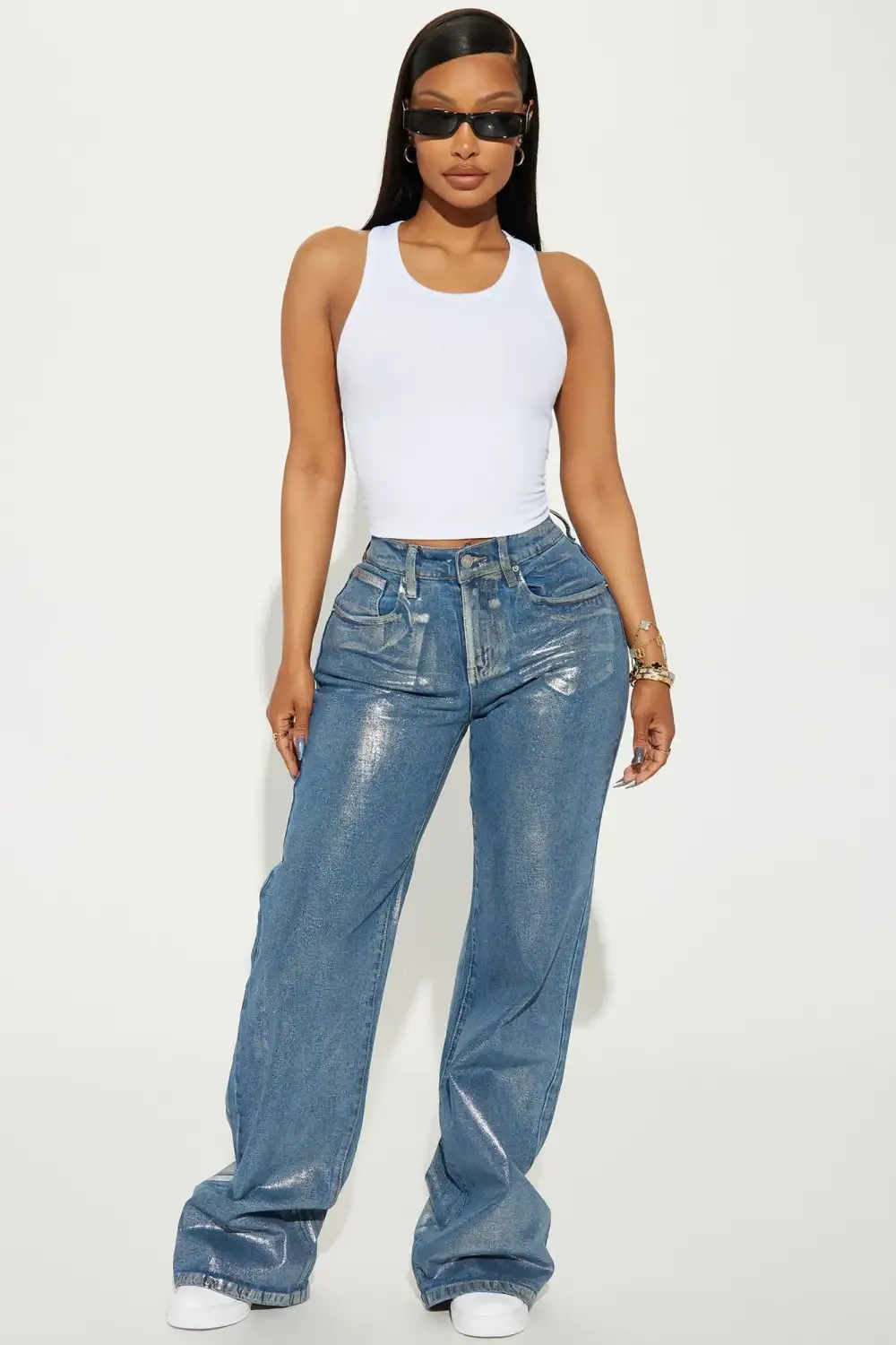 Cold As Ice Foil Print Baggy Jeans - Silver