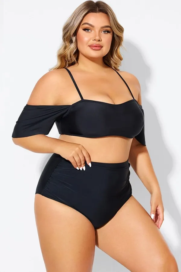 Black Lace Up Off the Shoulder Ruffle Bikini Top