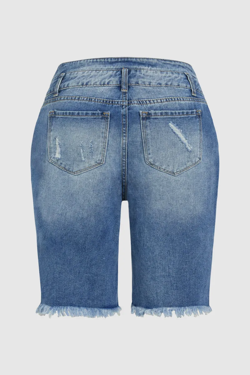 Raw Hem Ripped High Rise Bermuda Denim Shorts