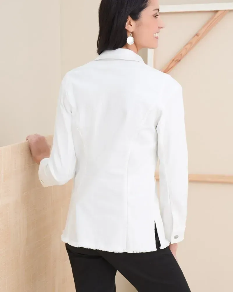 No Stain Frayed Hem Denim Jacket Alabaster
