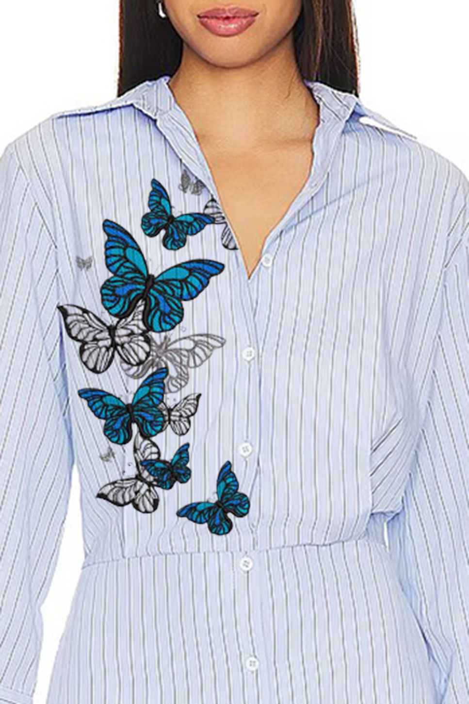 Butterfly Embroidered Collared Shirt Dress