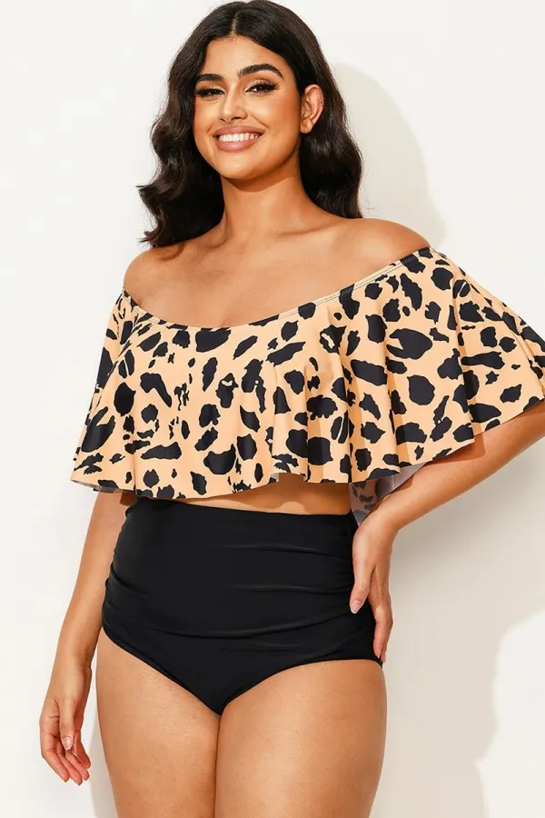 Leopard Print Ruffle Off Shoulder Bikini Top